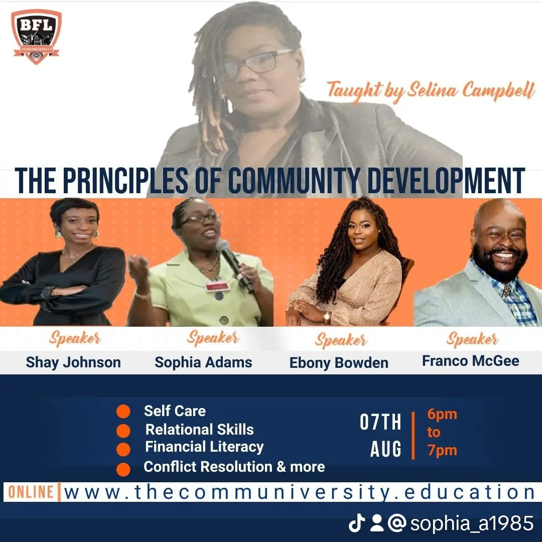 Flyer for The Principles of Community Development session at Better Family Life Communiversity with speaker Sophia Downs