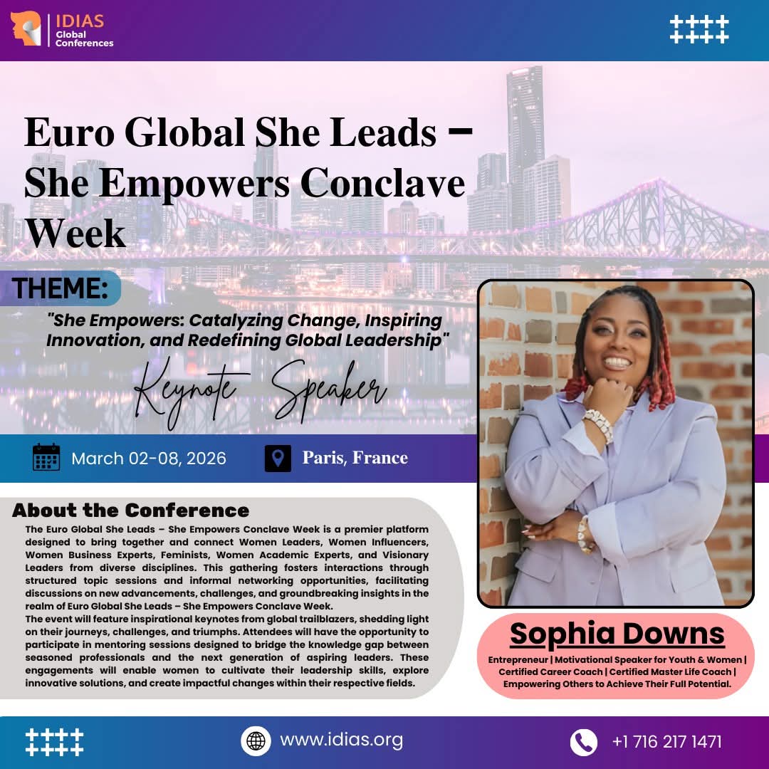 Event graphic for the Euro Global She Leads conclave in Paris, France, featuring keynote speaker Sophia Downs