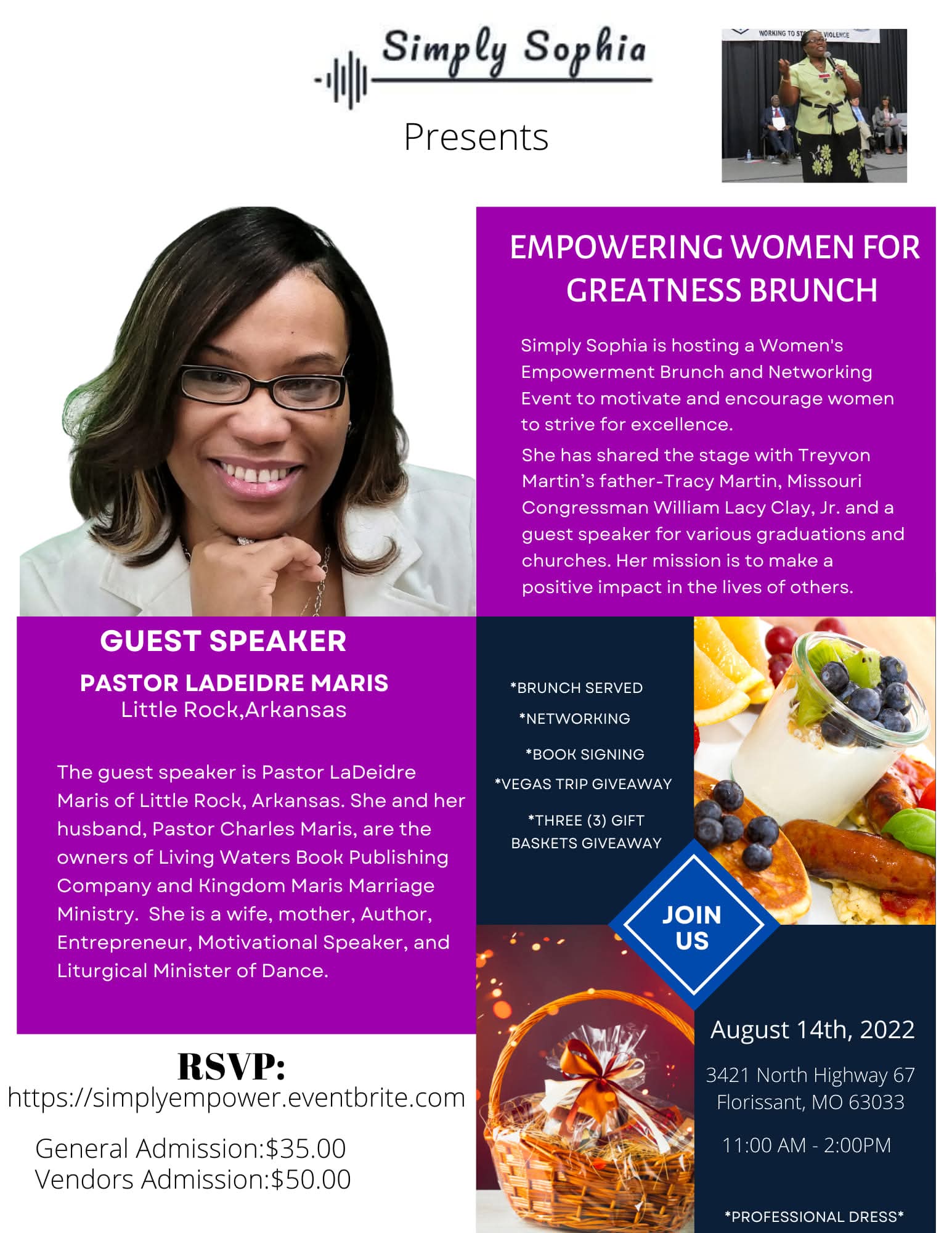 Flyer for the Empowering Women for Greatness Brunch in Florissant, Missouri, hosted by Simply Sophia