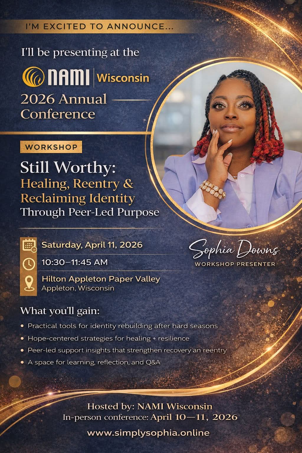 Conference graphic announcing Sophia Downs as a workshop presenter at the NAMI Wisconsin 2026 Annual Conference in Appleton, Wisconsin