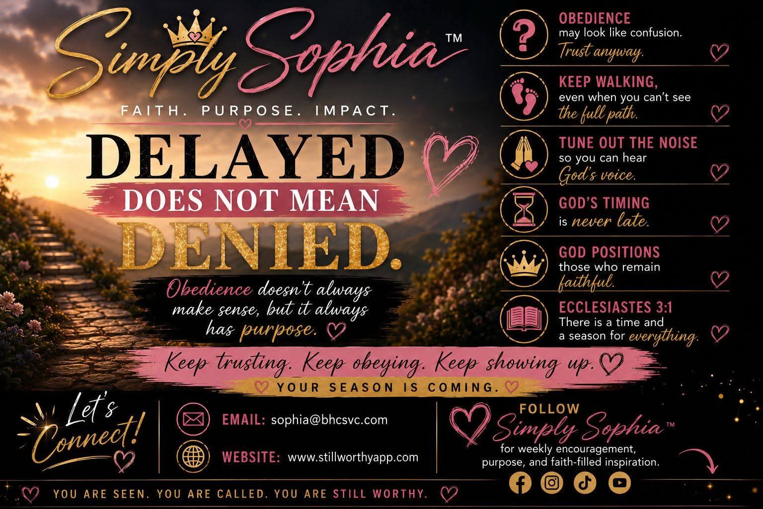 Simply Sophia devotional graphic reading Delayed, Not Denied