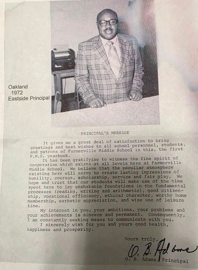 1972 yearbook page with a photograph of O.B. Adams and his printed principal's message