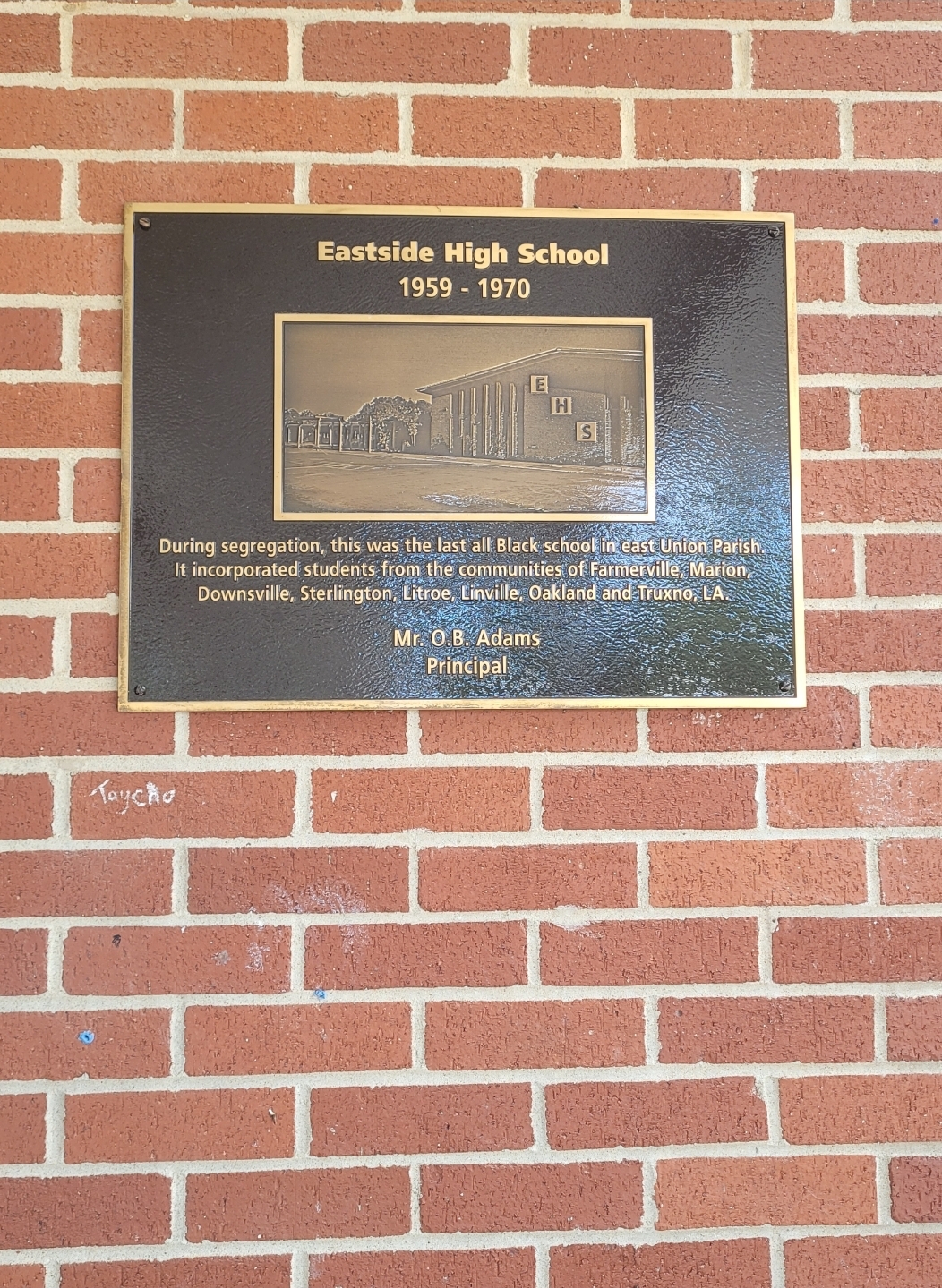 Bronze historical marker for Eastside High School, 1959 to 1970, naming Mr. O. B. Adams as principal